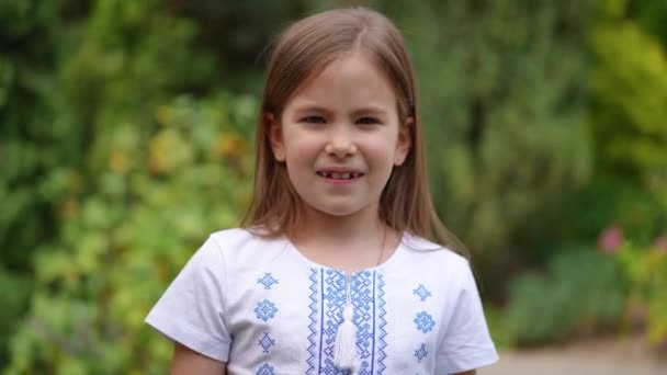Brunette Charming Ukrainian Girl National Shirt Drawing Colors Flag Cheek — Stockvideo