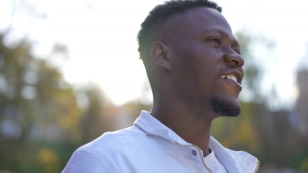 Обличчя Привабливого Афро Американського Чоловіка Стоїть Сонячних Променях Осіннього Парку — стокове відео