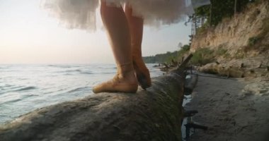 Legs of graceful ballerina in pointies walking on tree trunk in slow motion on sandy beach. Unrecognizable talented Caucasian woman in tutu dancing at sunrise on sea shore. Cinema 4k ProRes HQ