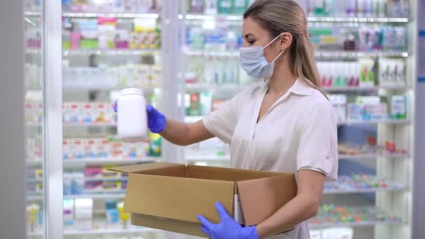 Tired Caucasian Female Pharmacist Putting Bottles Pills Shelf Drugstore Taking — Stock videók