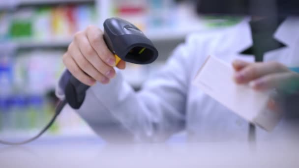 Unrecognizable Pharmacist Cashier Scanning Pills Box Device Stretching Medication Slow — Stok video