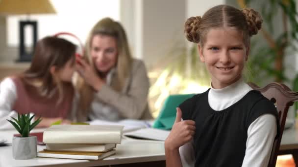 Portrait Satisfied Teen Schoolgirl Gesturing Thumb Smiling Looking Camera Blurred — Stok video