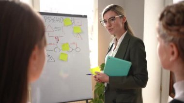 Slim beautiful woman in eyeglasses standing at whiteboard explaining psychology to teenage students in school. Portrait of intelligent confident teacher talking teaching in classroom indoors