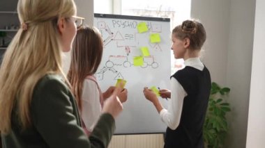 Curios teenage girls sticking adhesive notes on whiteboard writing studying psychology with teacher. Positive smiling Caucasian students learning in classroom with professional tutor