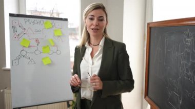 Medium shot of smiling confident teacher talking looking at camera standing in classroom indoors. Beautiful gorgeous Caucasian elegant woman explaining psychology filming video lesson blogging