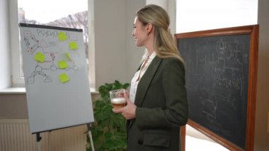 Smiling woman drinking morning coffee and looking at camera standing in psychology classroom in school. Confident beautiful Caucasian teacher posing indoors with hot drink