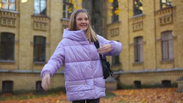 Joyful Teen Classmates Meeting Outdoors Hugging Talking Smiling Positive Happy — Stockvideo