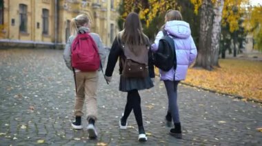 Back view wide shot of relaxed schoolgirls strolling to college outdoors talking. Tracking shot of confident Caucasian teenage friends walking on schoolyard chatting. education and friendship concept