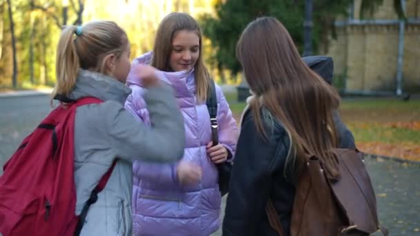 Happy Joyful Classmates Playing Rock Paper Scissors Standing Schoolyard Outdoors — Stock videók