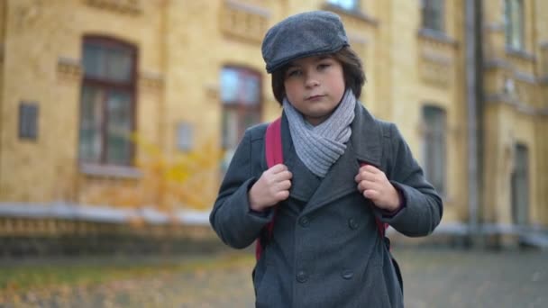 Portrait Tired Fatigue Caucasian Schoolboy Walking Outdoors Looking Sighing Exhausted — Stock Video