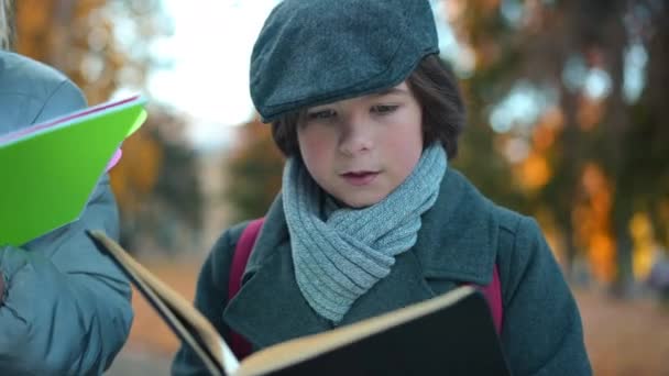 Focused Schoolboy Reading Book Outdoors Talking Classmates Portrait Intelligent Concentrated — Vídeo de stock