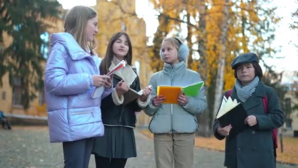 Group Dissatisfied Teen Classmates Gesturing Thumbs Looking Camera Standing Outdoors — Stockvideo