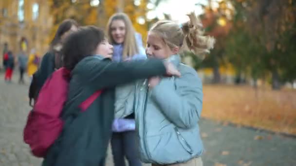 Boy Girl Fighting Schoolyard Shocked Classmates Standing Background Angry Unsatisfied — Stok Video