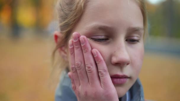 Headshot Sad Frustrated Cute Teen Schoolgirl Touching Cheek Looking Camera — Stockvideo
