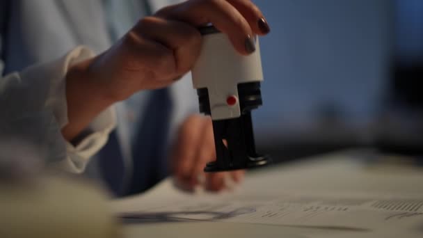 Close Female Hand Stamping Documents Table Office Indoors Unrecognizable Young — Video Stock