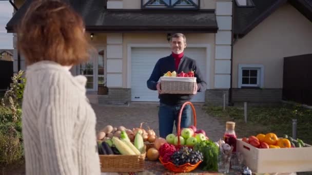 Handsome Positive Caucasian Adult Man Walking Box Pepper Table Farm — Video