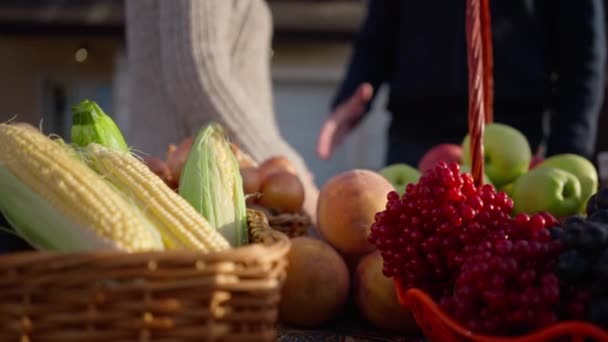 Close Local Products Farm Market Blurred Man Woman Handshaking Background — Video