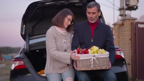 Positive Adult Couple Sitting Car Trunk Basket Pepper Talking Smiling — ストック動画