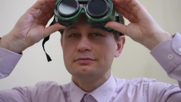 Front View Headshot Confident Man Looking Camera Putting Glasses Color — Stockvideo