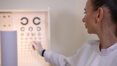 Gorgeous slim Caucasian woman pointing at eye sight test chart looking at camera shaking head yes. Portrait of beautiful female oculist posing indoors in hospital smiling