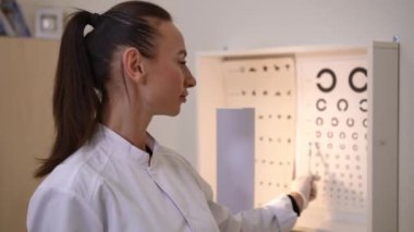 Portrait of confident smart woman pointing at blurred eyesight test chart looking at camera gesturing no and yes. Intelligent Caucasian doctor posing in ophthalmological hospital indoors