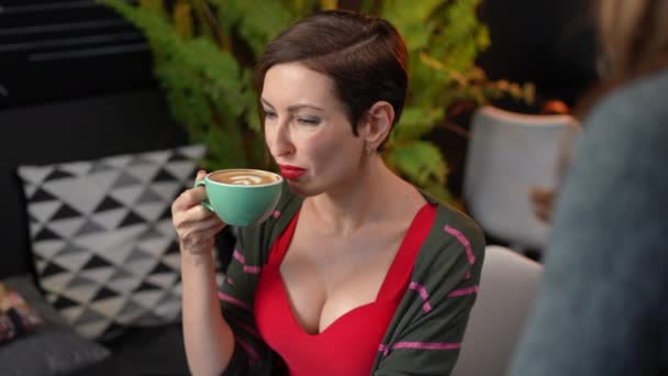 Dissatisfied Client Tasting Coffee Disgust Facial Expression Arguing Unrecognizable Waitress — Stock Video