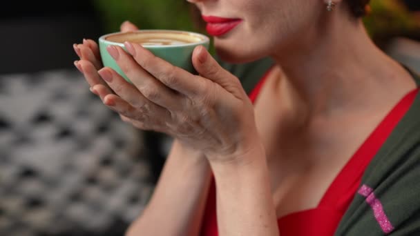 Close Coffee Cup Hands Satisfied Unrecognizable Woman Tasting Hot Drink — Vídeos de Stock
