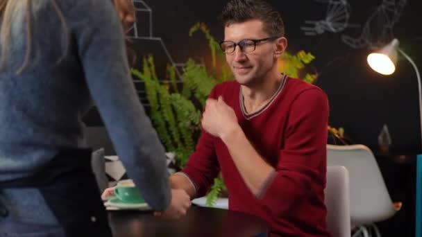 Handsome Man Scrolling Social Media Smartphone Thanking Waitress Coffee Portrait — Stock video