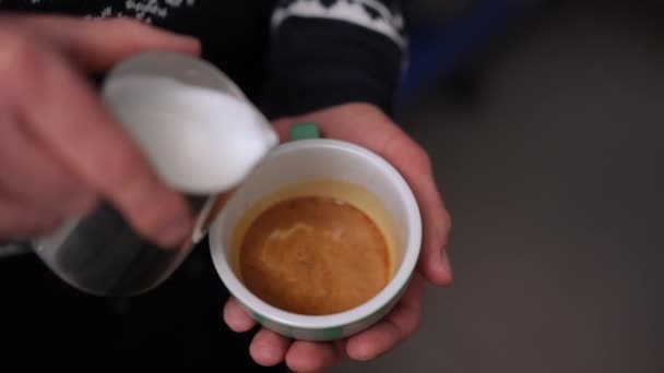 Close Barista Mixing Coffee Milk Shaking Cup Slow Motion Unrecognizable — Vídeos de Stock