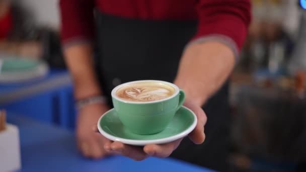Close Coffee Cup Cappuccino Male Caucasian Hand Indoors Unrecognizable Confident — Vídeo de Stock