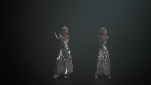 Wide Shot Two Professional Dancers Stage Costumes Dancing Foggy Darkness — Stock Video