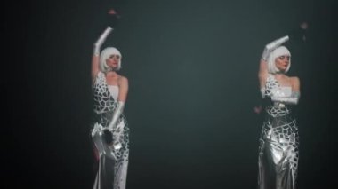 Talented female dancers in futuristic costumes performing on stage turning on gloves with neon light. Two confident Caucasian women dancing at black background. Modern art and cyber concept