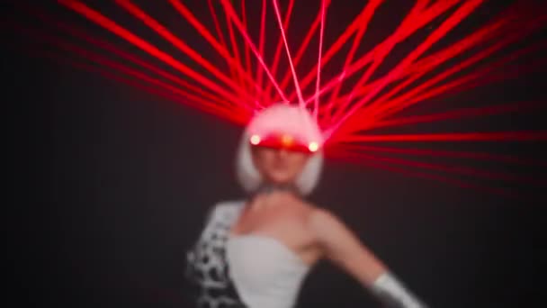 Close Red Laser Beam Blurred Smiling Woman Futuristic Dress Eyeglasses — Vídeos de Stock