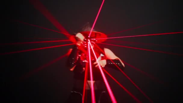 Red Neon Light Blurred Caucasian Man Dancing Background Performing Stage — Vídeo de Stock