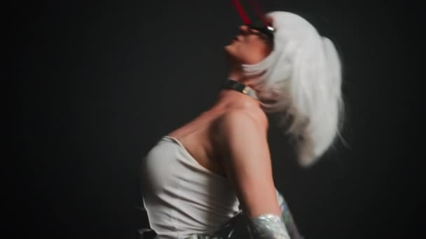 Confident Woman Eyeglasses Red Laser Light Bending Dancing Stage Smiling — Stok video