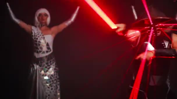 Professional Caucasian Performers Dancing Black Background Red Neon Light Cyber — Αρχείο Βίντεο