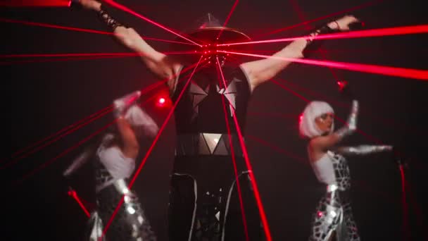 Three Professional Performers Dancing Red Lasers Stage Darkness Confident Talented — Vídeo de Stock