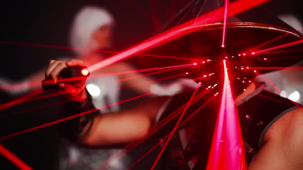 Live Camera Follows Talented Man Futuristic Samurai Costume Neon Light — Stock video