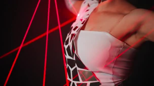 Unrecognizable Caucasian Performer Cyber Costume Dancing Red Neon Light Slow — Vídeo de Stock