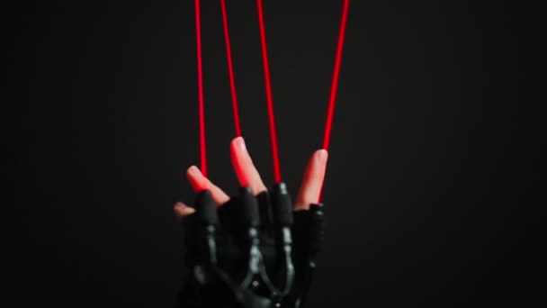 Close Glove Red Neon Light Female Caucasian Hand Blurred Woman — Stock video