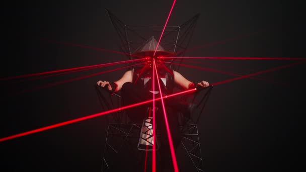 Zoom Confident Man Cyber Samurai Costume Red Neon Light Sitting — Video Stock