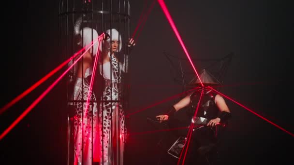 Wide Shot Portrait Serious Confident Women Dancing Cage Cyber Dresses — ストック動画