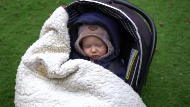 Zoom Out Sleeping Newborn Girl Lying Baby Carriage Outdoors Pretty — Video