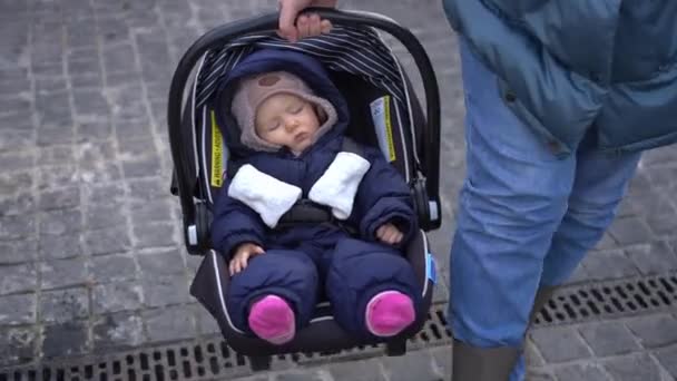 High Angle View Sleeping Baby Stroller Unrecognizable Mother Walking Pavement — Stok video