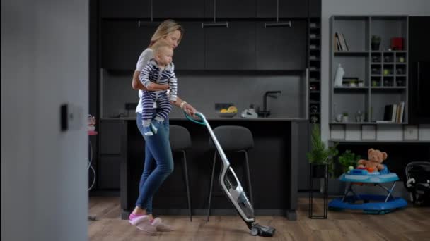 Positive Beautiful Woman Baby Girl Hands Passing Vacuuming Floor Living — Stok video