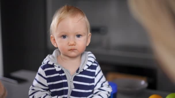 Front View Adorable Cute Little Girl Eating Baby Food Unrecognizable — Stock Video