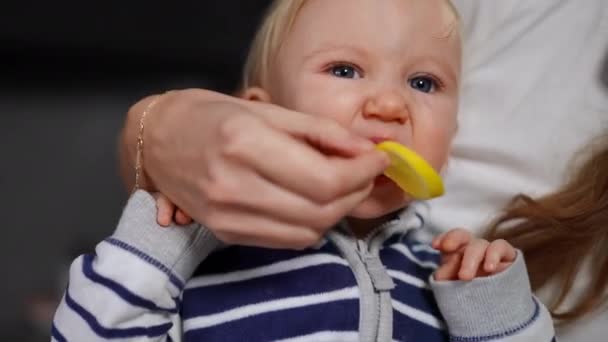 Close Cute Little Baby Girl Biting Sour Lemon Hand Unrecognizable — Stok Video