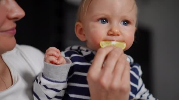 Pretty Baby Girl Wincing Tasting Sour Lemon Pushing Away Citrus — Stock videók