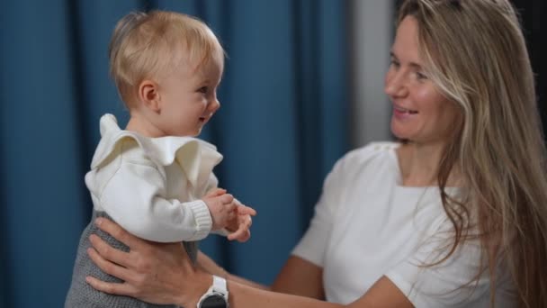 Joyful Little Baby Girl Smiling Woman Talking Kid Slow Motion — Stok Video