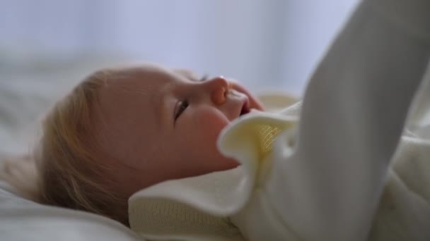 Close Cute Charming Baby Laughing Female Finger Stroking Cheek Slow — стокове відео
